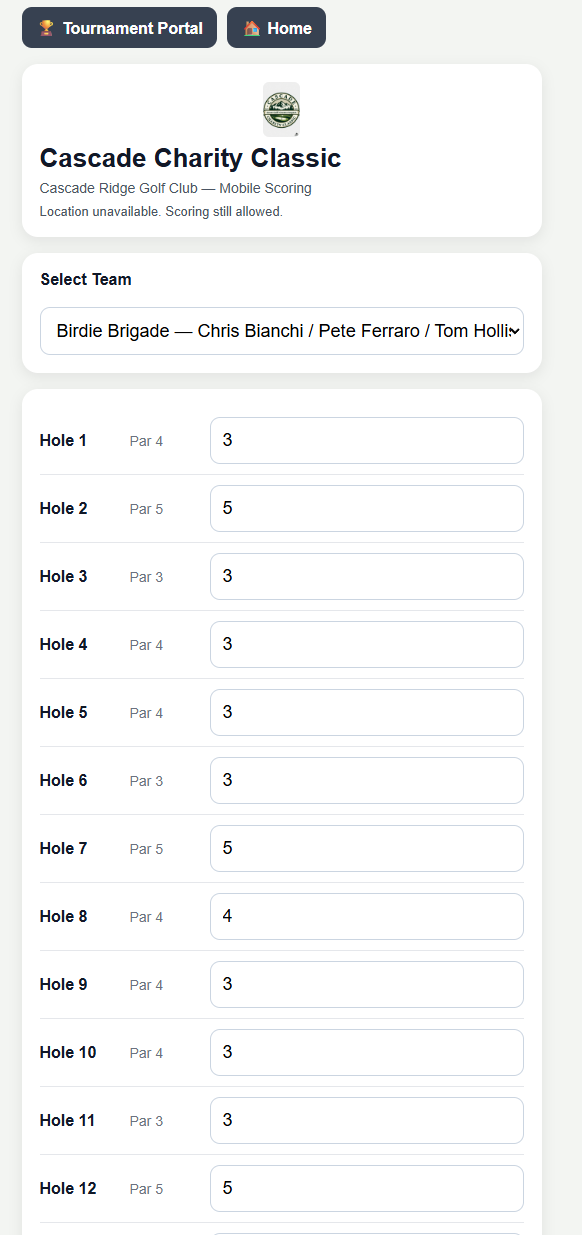 GolfToon mobile scoring screen for hole-by-hole team score entry